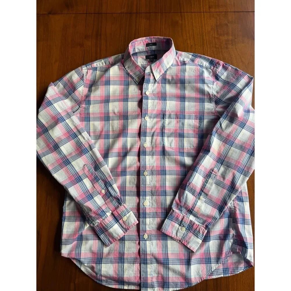 J.Crew Men's Slim Fit Pink and Blue Plaid Cotton Button Down Shirt - Size L